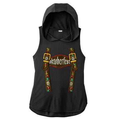 Lederhosen Suspenders Oktoberfest Bavarian Munich Ladies PosiCharge Tri-Blend Wicking Draft Hoodie Tank