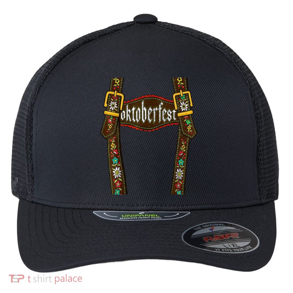 Lederhosen Suspenders Oktoberfest Bavarian Munich Flexfit Unipanel Trucker Cap