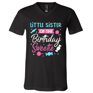 Little Sister Of The Birthday Sweetie Candy Bday Party Sis V-Neck T-Shirt