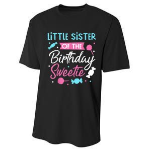 Little Sister Of The Birthday Sweetie Candy Bday Party Sis Performance Sprint T-Shirt