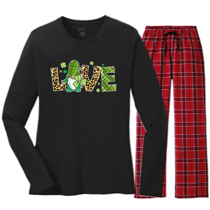 Love St Patricks Day Gnomes Shamrock Women's Long Sleeve Flannel Pajama Set 