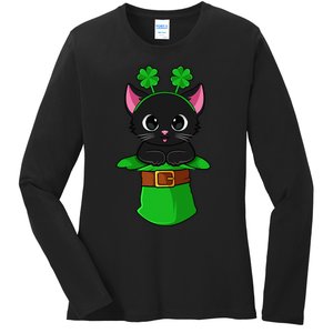 Lepurrchaun St. Patrick's Day Cat Leprechaun Shamrock Ladies Long Sleeve Shirt