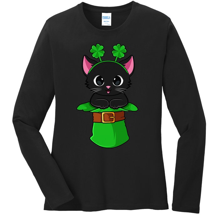 Lepurrchaun St. Patrick's Day Cat Leprechaun Shamrock Ladies Long Sleeve Shirt