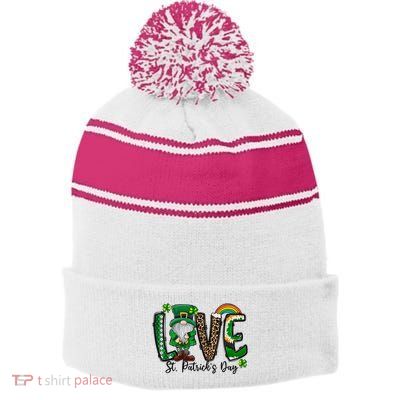 Love St. PatrickS Day Gnome And Shamrock Rainbow Stripe Pom Pom Beanie