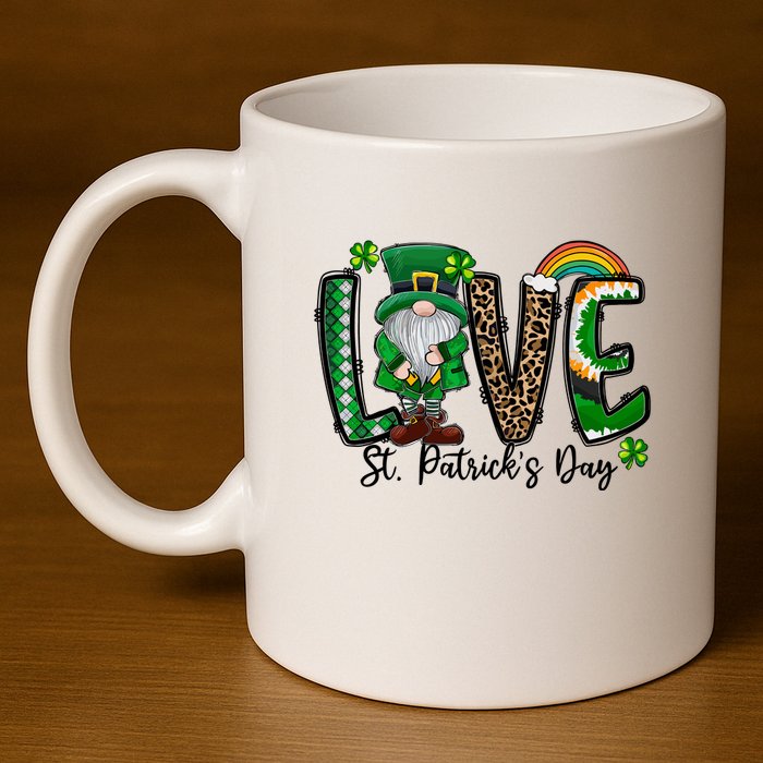 Love St. PatrickS Day Gnome And Shamrock Rainbow 11oz C Handle Ceramic Mug