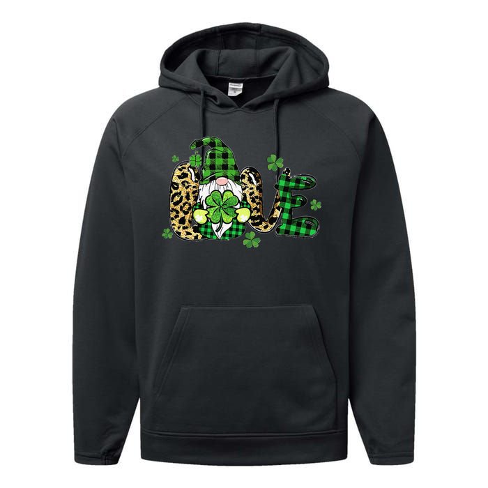 LOVE St Patricks Day Gnomes Shamrock For Women Performance Fleece Hoodie