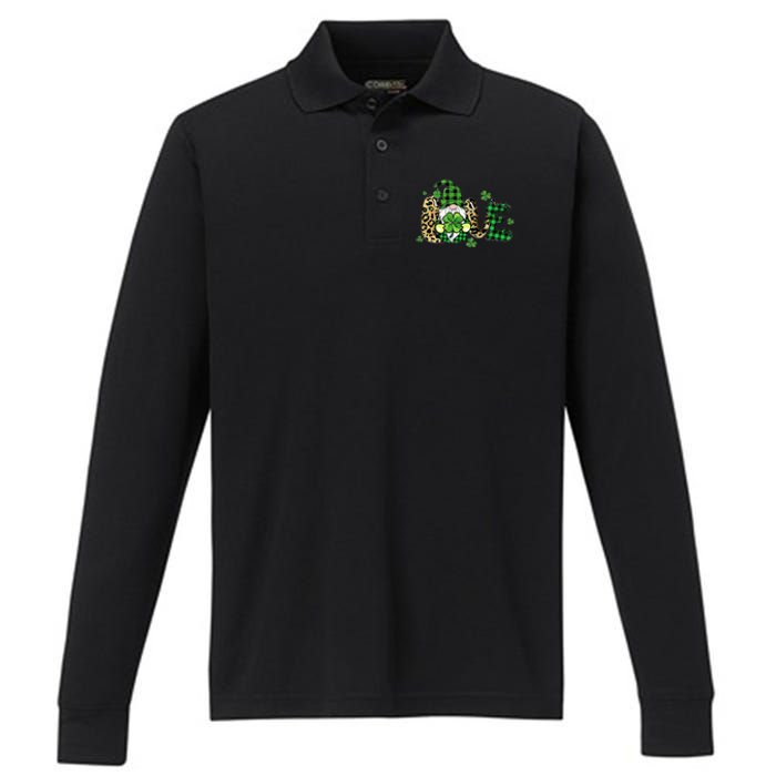 LOVE St Patricks Day Gnomes Shamrock For Women Performance Long Sleeve Polo