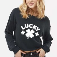 Lucky St Patricks Day Clover Festive Cropped Pullover Crew