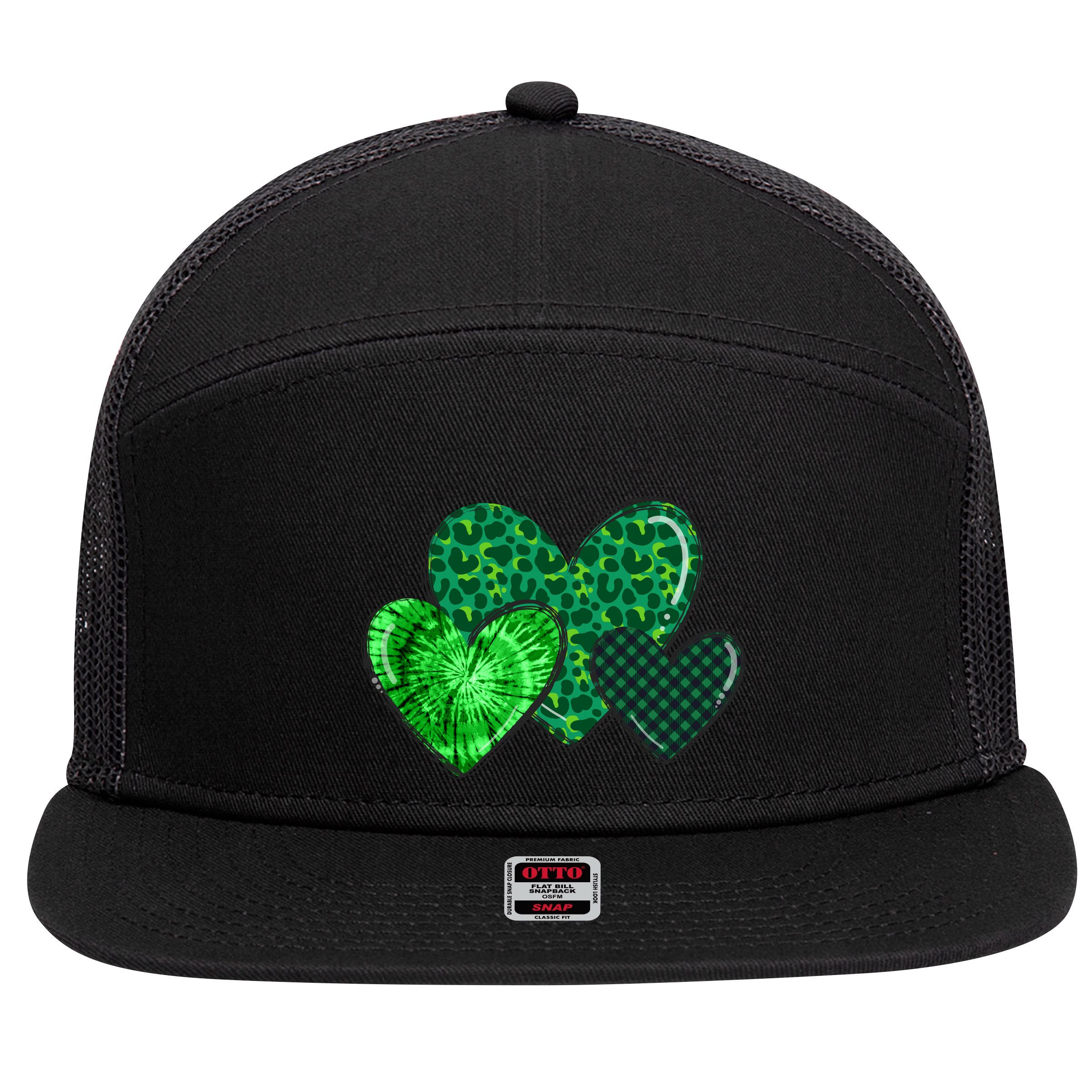 Love St Pattys Day Clover Leaf Hearts 7 Panel Mesh Trucker Snapback Hat