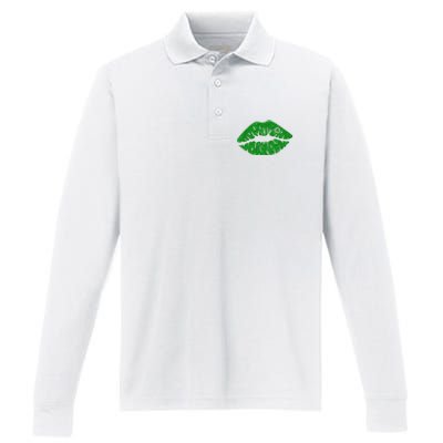 Lucky St Patrick's Day Lips Kiss Performance Long Sleeve Polo