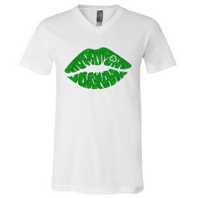 Lucky St Patrick's Day Lips Kiss V-Neck T-Shirt