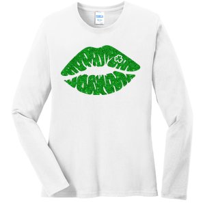 Lucky St Patrick's Day Lips Kiss Ladies Long Sleeve Shirt