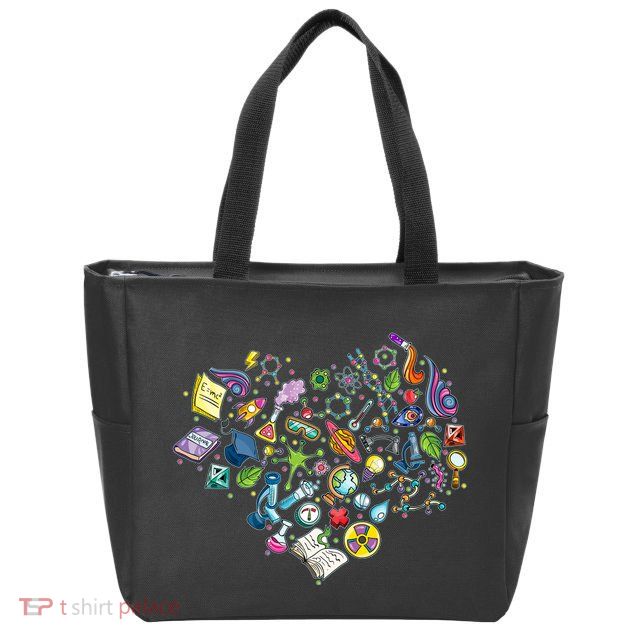 Love Science Pattern Heart Zip Tote Bag