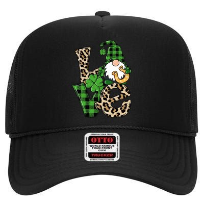 Love St Patricks Day Leopard Checkered Irish Gnome High Crown Mesh Back Trucker Hat