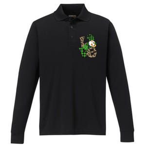 Love St Patricks Day Leopard Checkered Irish Gnome Performance Long Sleeve Polo