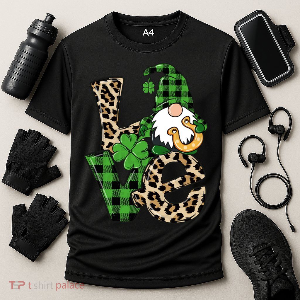 Love St Patricks Day Leopard Checkered Irish Gnome Performance Shirt