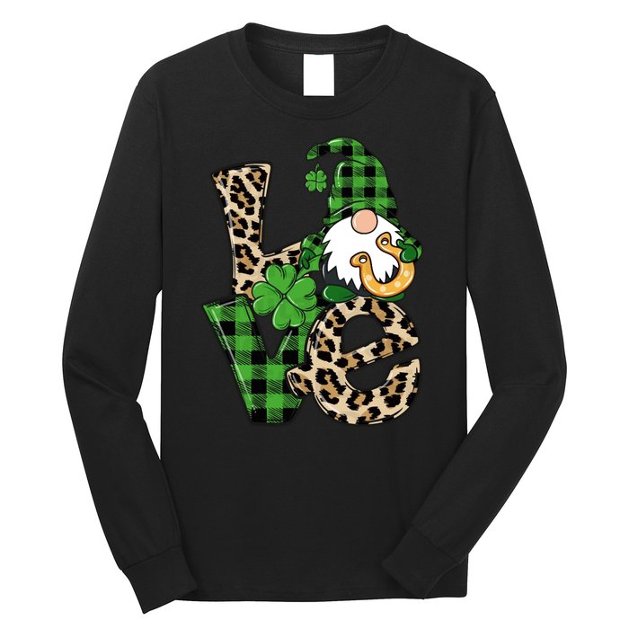 Love St Patricks Day Leopard Checkered Irish Gnome Long Sleeve Shirt