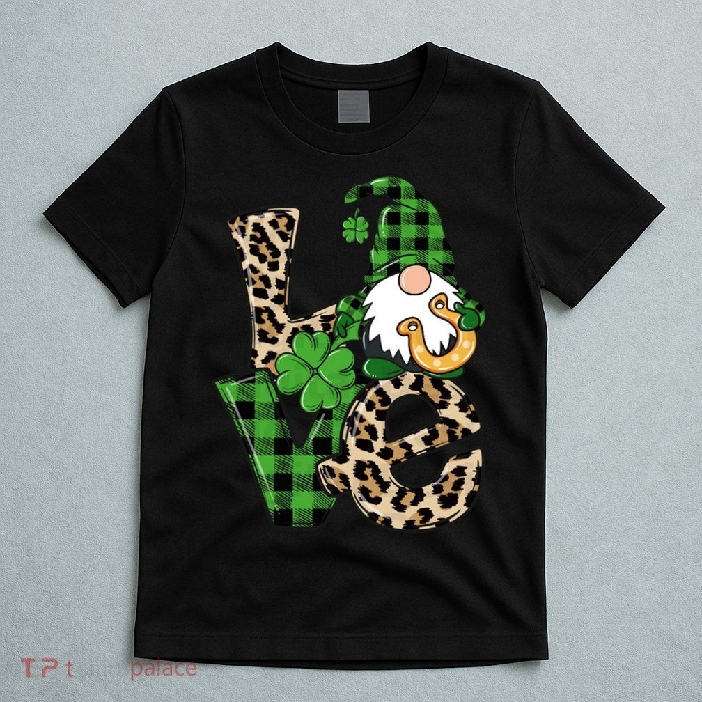 Love St Patricks Day Leopard Checkered Irish Gnome T-Shirt