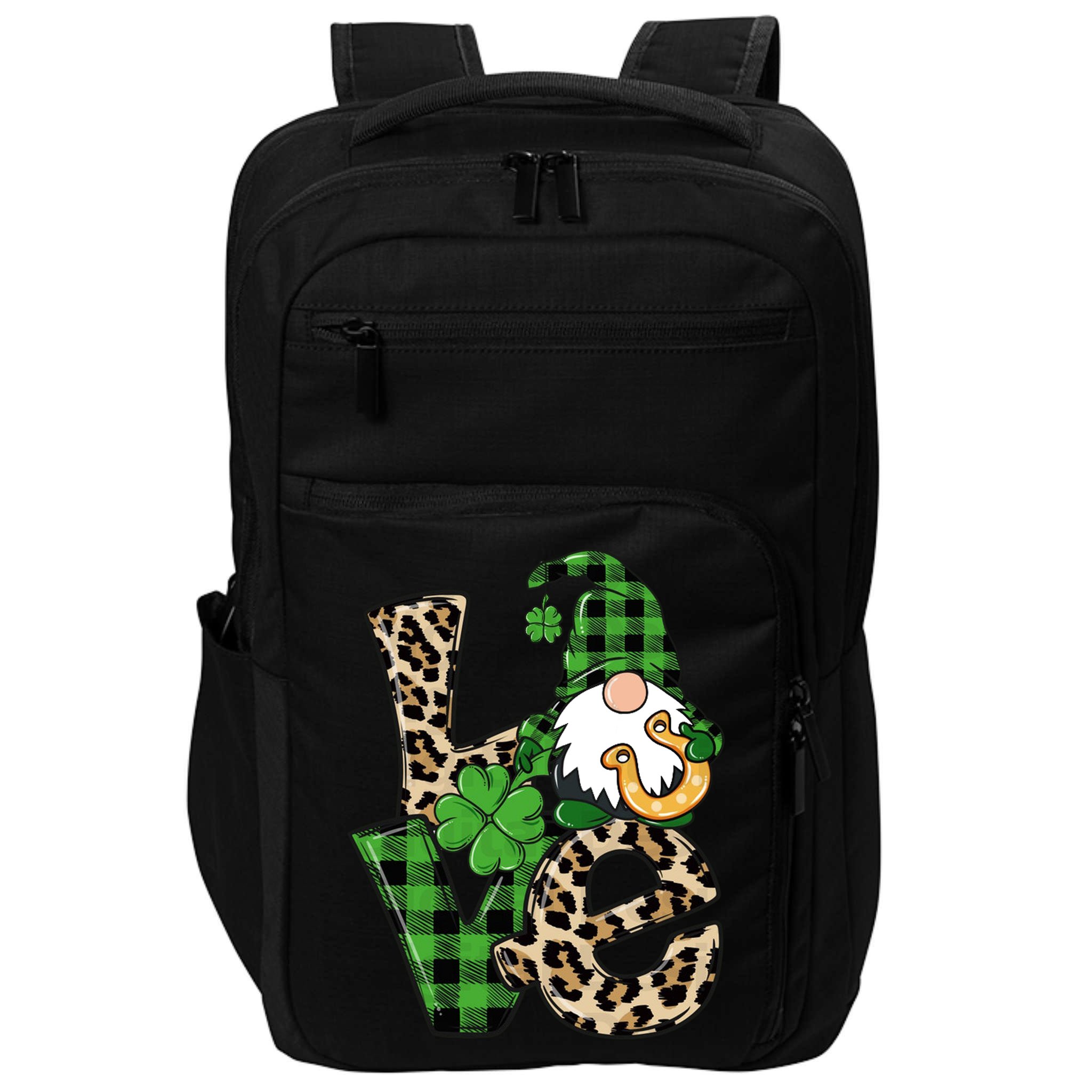 Love St Patricks Day Leopard Checkered Irish Gnome Impact Tech Backpack