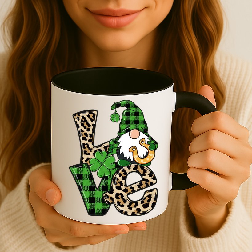Love St Patricks Day Leopard Checkered Irish Gnome Mug