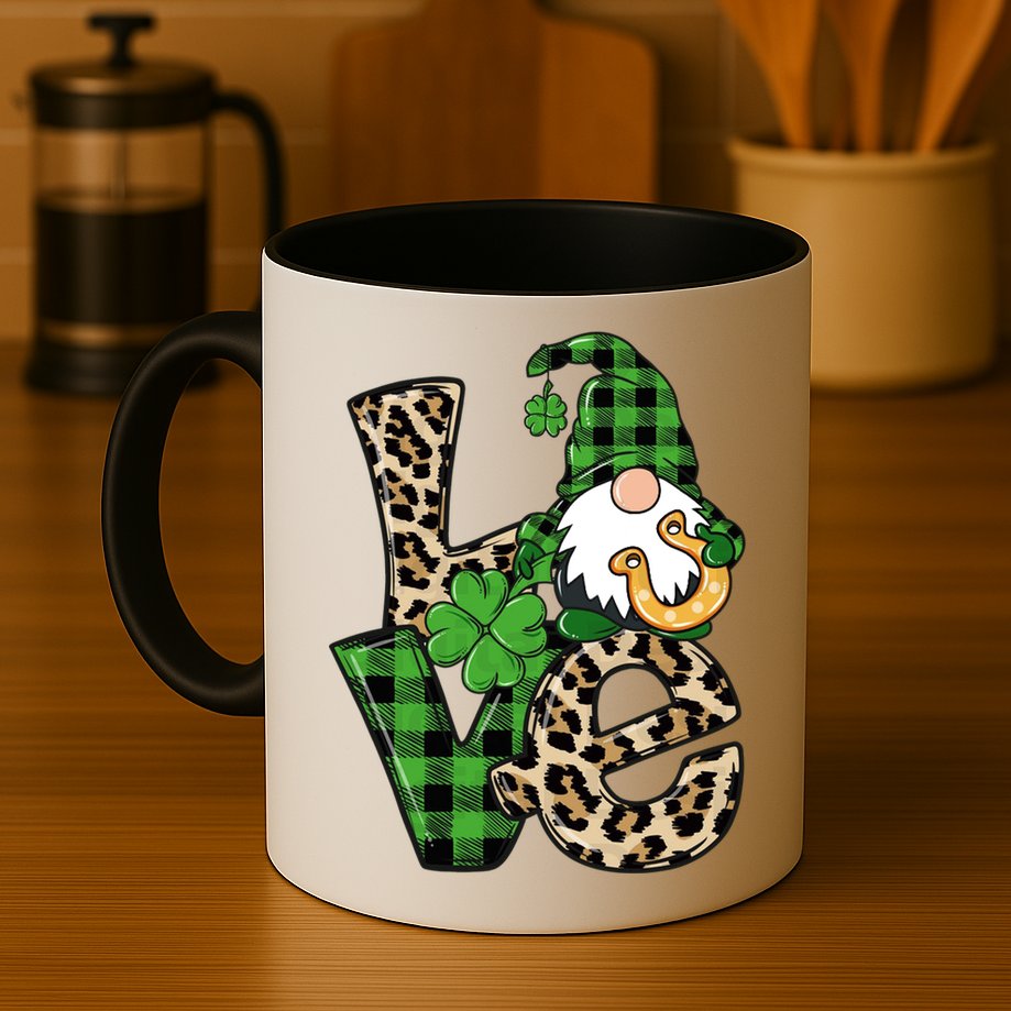 Love St Patricks Day Leopard Checkered Irish Gnome Mug