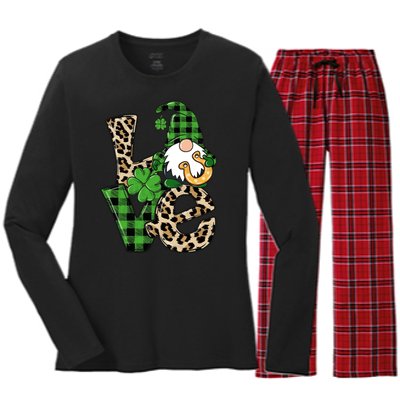 Love St Patricks Day Leopard Checkered Irish Gnome Women's Long Sleeve Flannel Pajama Set 