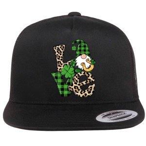 Love St Patricks Day Leopard Checkered Irish Gnome Flat Bill Trucker Hat