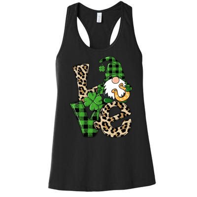 Love St Patricks Day Leopard Checkered Irish Gnome Women's Racerback Tank