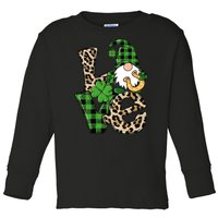 Love St Patricks Day Leopard Checkered Irish Gnome Toddler Long Sleeve Shirt