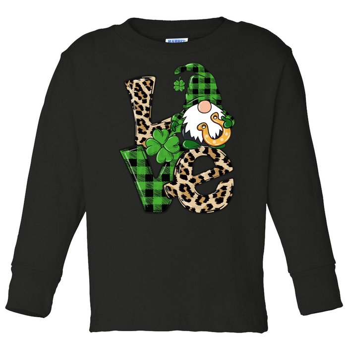 Love St Patricks Day Leopard Checkered Irish Gnome Toddler Long Sleeve Shirt