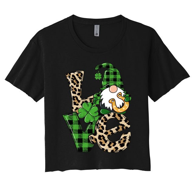 Love St Patricks Day Leopard Checkered Irish Gnome Crop Top