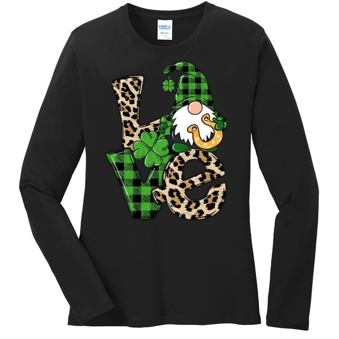 Love St Patricks Day Leopard Checkered Irish Gnome Ladies Long Sleeve Shirt