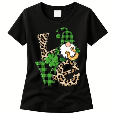 Love St Patricks Day Leopard Checkered Irish Gnome Womens T-Shirt