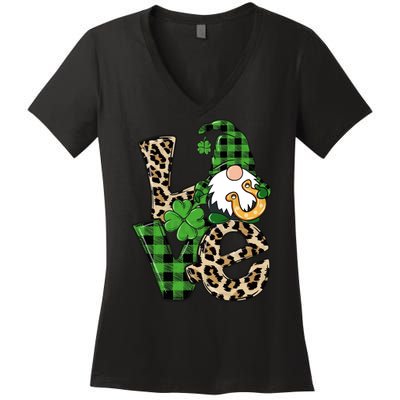 Love St Patricks Day Leopard Checkered Irish Gnome Women's V-Neck T-Shirt