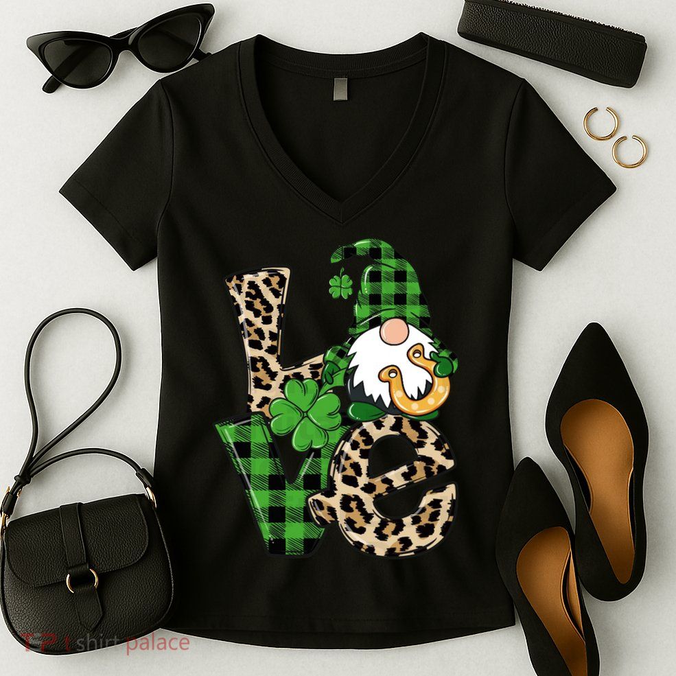Love St Patricks Day Leopard Checkered Irish Gnome Women's V-Neck T-Shirt
