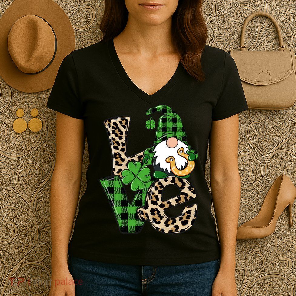 Love St Patricks Day Leopard Checkered Irish Gnome Women's V-Neck T-Shirt