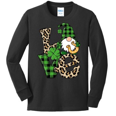 Love St Patricks Day Leopard Checkered Irish Gnome Kids Long Sleeve Shirt