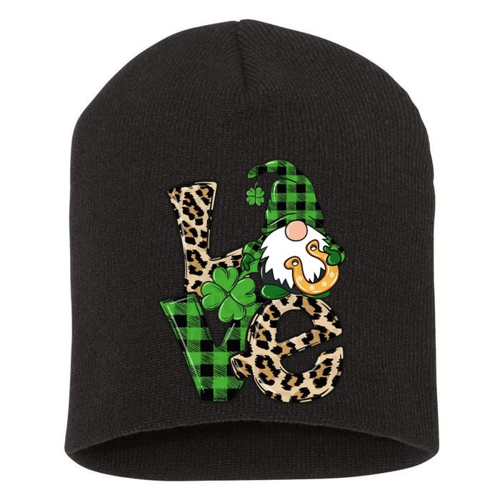 Love St Patricks Day Leopard Checkered Irish Gnome Short Acrylic Beanie