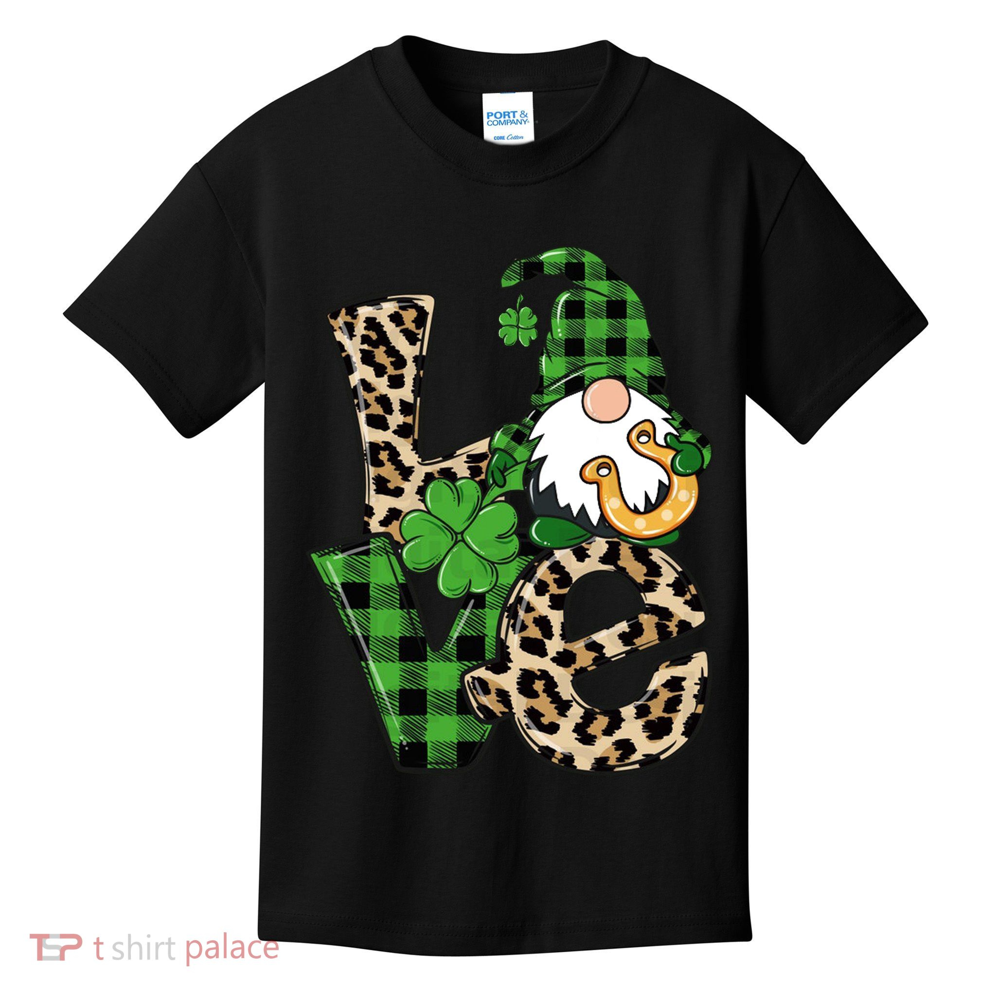 Love St Patricks Day Leopard Checkered Irish Gnome Kids T-Shirt