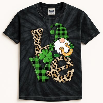 Love St Patricks Day Leopard Checkered Irish Gnome Kids Tie-Dye T-Shirt