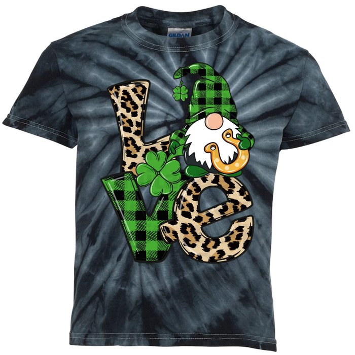 Love St Patricks Day Leopard Checkered Irish Gnome Kids Tie-Dye T-Shirt