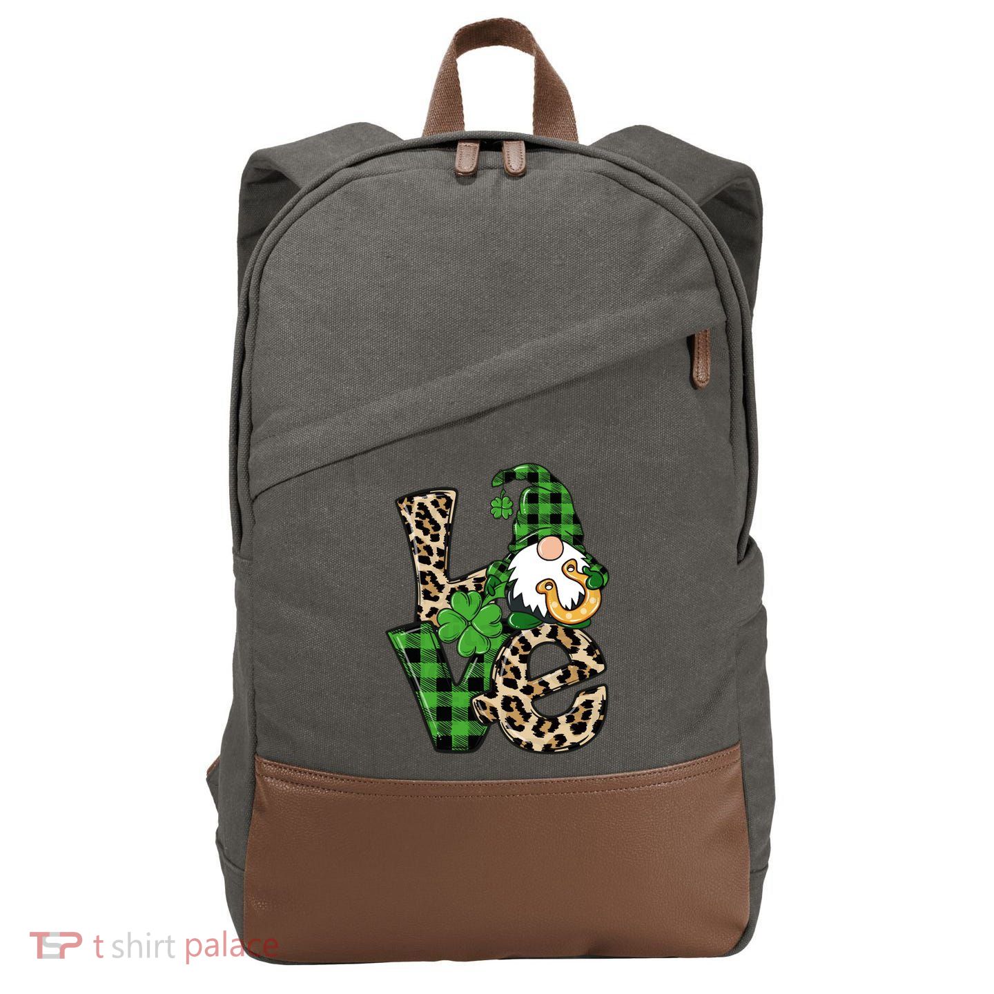 Love St Patricks Day Leopard Checkered Irish Gnome Cotton Canvas Backpack
