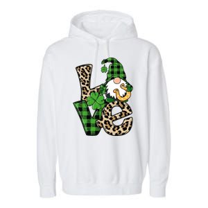 Love St Patricks Day Leopard Checkered Irish Gnome Garment-Dyed Fleece Hoodie