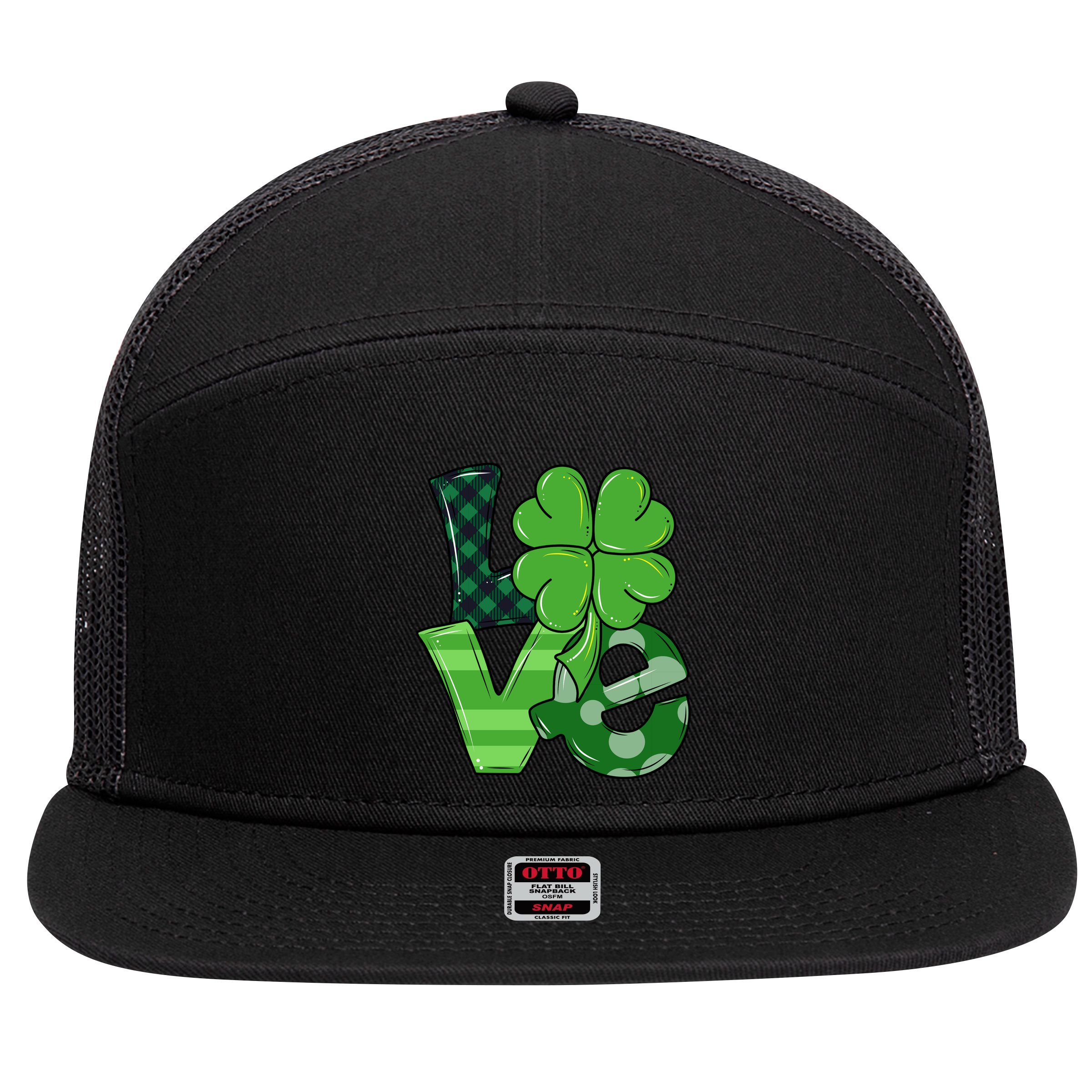 Love St Patricks Day Pattys Irish Clover 7 Panel Mesh Trucker Snapback Hat