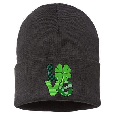 Love St Patricks Day Pattys Irish Clover Sustainable Knit Beanie