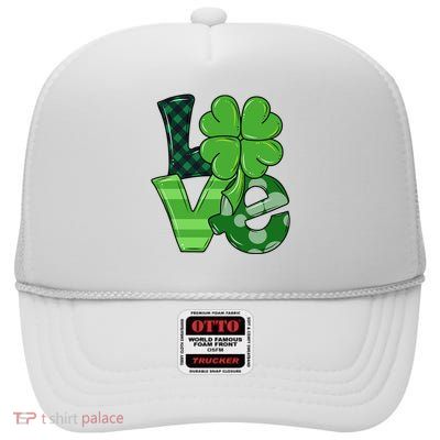 Love St Patricks Day Pattys Irish Clover High Crown Mesh Back Trucker Hat