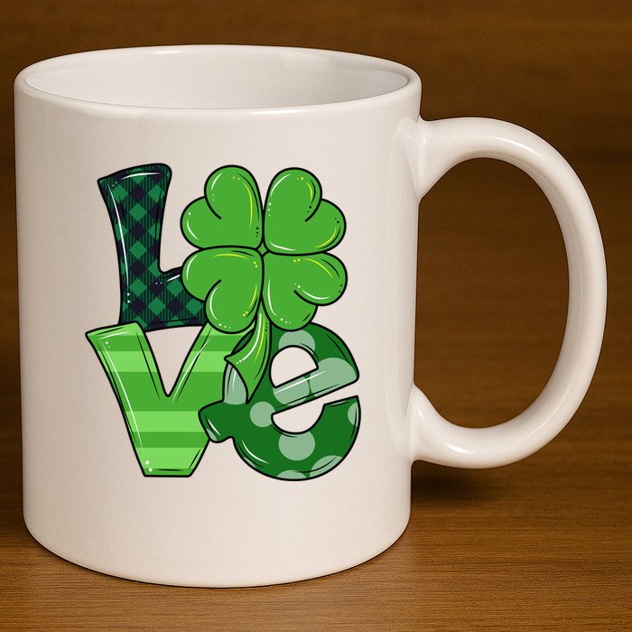 Love St Patricks Day Pattys Irish Clover 11oz C Handle Ceramic Mug