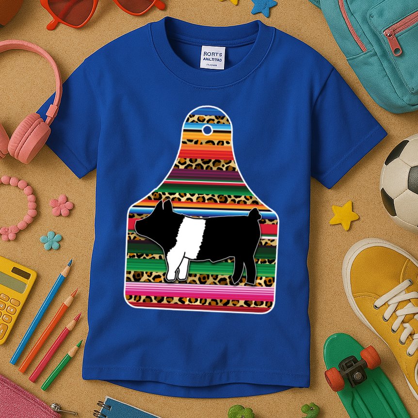 Livestock Show Pig Cheetah Serape Ear Tag Hamp Swine Gift Kids T-Shirt