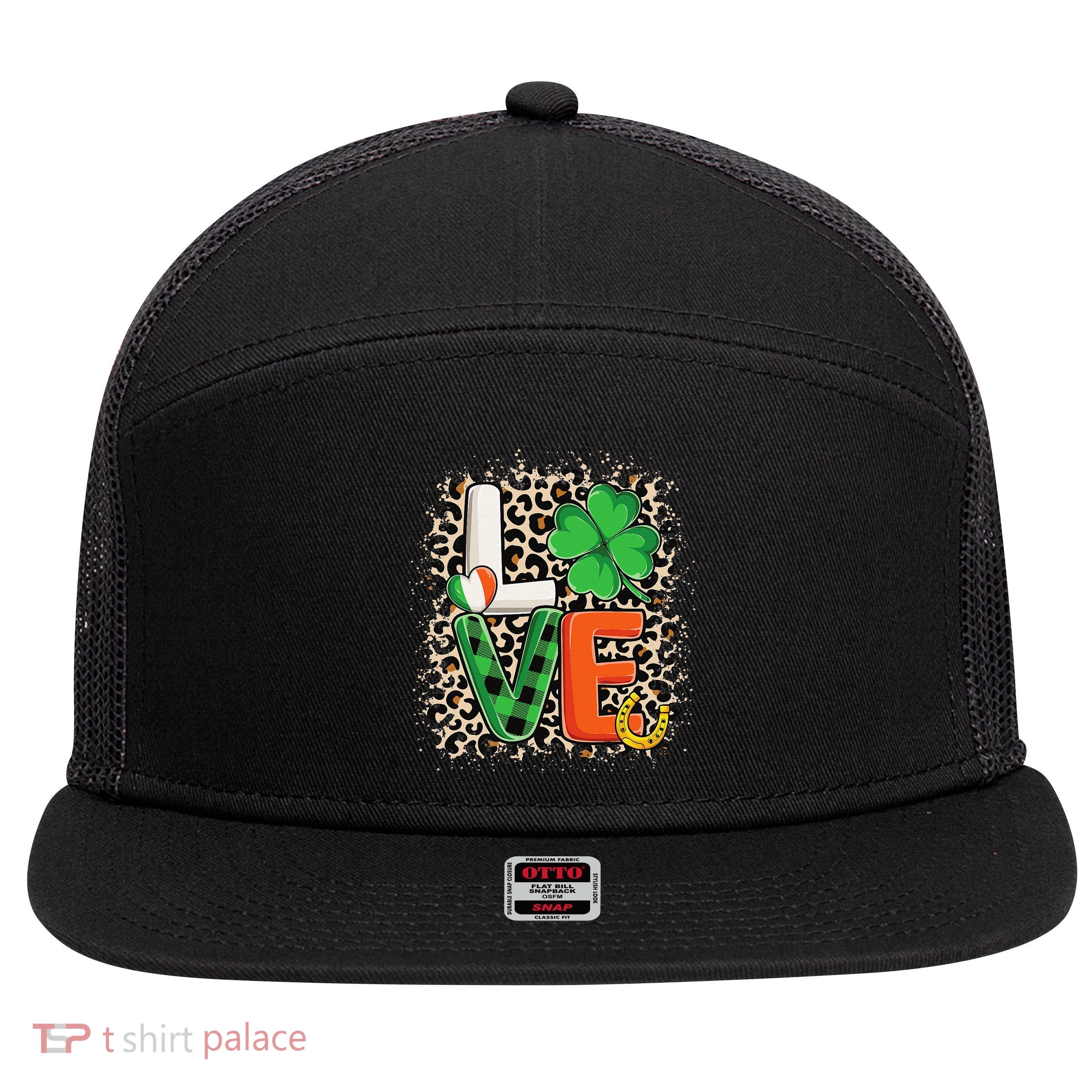 Love St. Patricks Day Shamrock Irish Leopard Print Plaid 7 Panel Mesh Trucker Snapback Hat