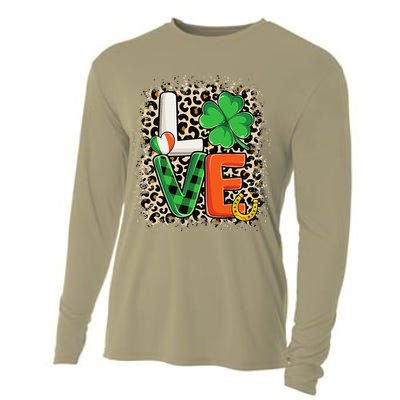 Love St. Patricks Day Shamrock Irish Leopard Print Plaid Cooling Performance Long Sleeve Crew